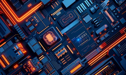 Poster - Futuristic Circuit Board with Orange Glowing Lines