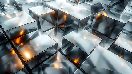 Poster - Sleek and polished metallic abstract background with striking geometric shapes including cubes triangles and rectangles  Minimalist composition with cinematic lighting creates an industrial
