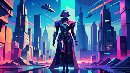 Wall Mural - Cybernetic Warrior in Futuristic Cityscape with Hovercrafts