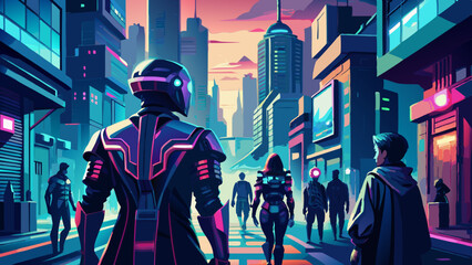 Wall Mural - Futuristic Cityscape with Cyberpunk Characters in Neon Metropolis