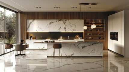 Wall Mural - Modern Kitchen with Marble Countertops and Wooden Accents