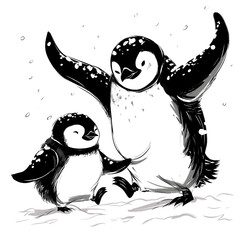 Penguin family enjoying a snowball fight, spreading joy in the icy landscape, sketch engraving, black and white, PNG Illustration