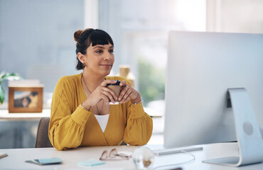 Poster - Computer, office and business woman with drink at desk for reading email, website and research. Corporate, professional and person on pc monitor in workplace with beverage, coffee and tea on break