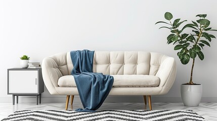Wall Mural - Modern Living Room Interior Design with White Sofa, Blue Blanket, and Green Plant