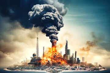 Wall Mural - An oil refinery burns fiercely, spewing smoke and flames into the sky, a grim testament to the environmental devastation caused by resource extraction