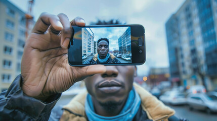 A man takes a selfie with his smartphone in an urban setting, with tall buildings and a cloudy sky in the background