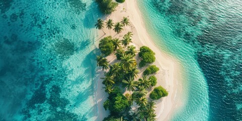 Wall Mural - Real photo, aerial view of a secluded island paradise with white sand beaches, palm trees, and a turquoise lagoon