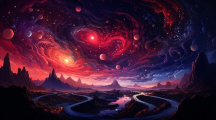 Wall Mural - Cosmic Fantasy Landscape with Red Galaxy and Alien Terrain