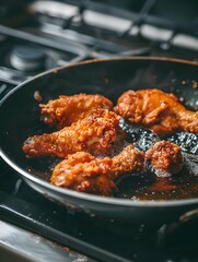 Wall Mural - Fried chicken fried in oil in a black frying pan on an electric stove, minimalist background, the appearance of the chicken is crispy and appetizing