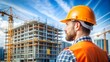 © Bounpaseuth - Photorealism. a man, a builder in a orange safety helmet, standing with blur construction site background