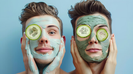 Beauty wellness conept - Happy young pretty homosexual gay men, boyfriends with mask and cucumber slices on their faces, isolated on blue background