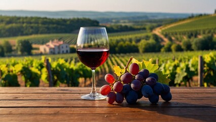 Wine bottle and glass with grapes top of the wooden table Blurred french vineyard in the background