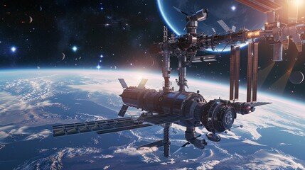 Wall Mural - a 3d depiction of a space station orbiting a planet, created with high-quality digital art in good q