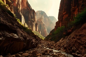 Wall Mural - A dramatic canyon scene with jagged rocks and a cascading waterfall in the distance, Generative AI