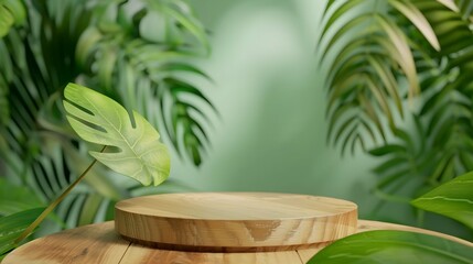 Canvas Print - wooden podium product with natural green leaves for presentation design or product display