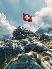 Displaying Swiss flag on rugged terrain to commemorate the national holiday of August 1 text. 3D Illustration.