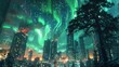 © Thanyaporn - A surreal metropolis under a sky ablaze with auroras, where skyscrapers are intertwined with giant trees hosting mythical creatures.