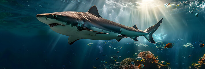 Wall Mural - killer shark swimming underwater under sea life with bubbles and sunbeams in blue deep water, sealife wide banner poster with copyspace