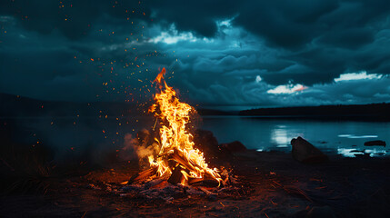 Poster - As darkness envelops the night, a crackling bonfire emerges, casting an enchanting glow of orange and yellow flames against the backdrop of the darkened sky