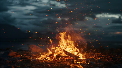 Poster - As darkness envelops the night, a crackling bonfire emerges, casting an enchanting glow of orange and yellow flames against the backdrop of the darkened sky
