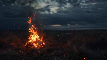 Poster - As darkness envelops the night, a crackling bonfire emerges, casting an enchanting glow of orange and yellow flames against the backdrop of the darkened sky