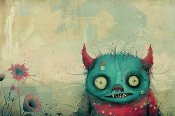 Sticker - A playful and colorful illustration of a cute cartoon monster with flowers on a textured background