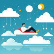 © El Zahra  - Working on Cloud : Man relaxes on a cloud, laptop in hand, against a serene night sky, embodying the freedom and flexibility of remote work.