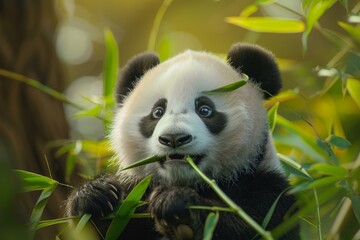 Poster - Closeup of a cute panda bear enjoying bamboo leaves in a serene forest setting