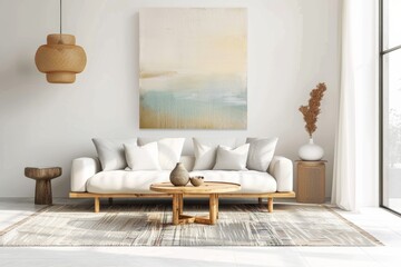 Interior of modern living room with white sofa, wooden coffee table and two posters on wall.