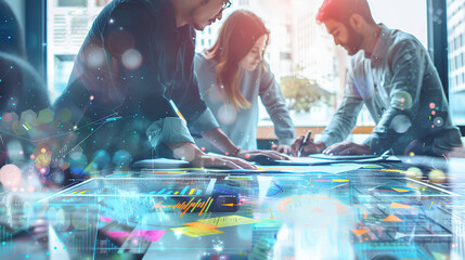 Poster - business people working on marketing plan together in modern office, teamwork, double exposure banner