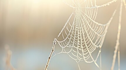 A macro photograph capturing the intricate details of a frostcovered spider web glistening in the early morning sun each droplet of dew acting as a tiny lens revealing the hidden beauty of the natural