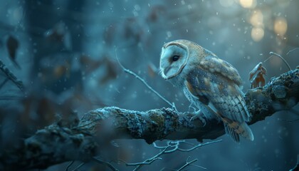 Wall Mural - Owl perched on a tree branch during a moonlit night, animal, mysterious and enchanting