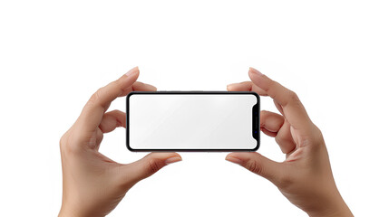 Poster - Hands hold mobile phone screen mockup, horizontal smartphone display mock up isolated on white