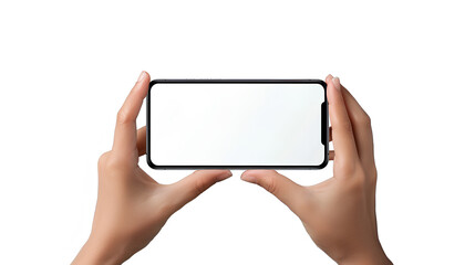 Poster - Hands hold mobile phone screen mockup, horizontal smartphone display mock up isolated on white