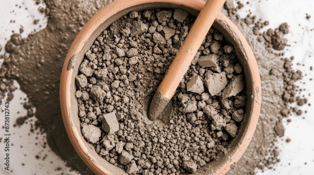 Detailed image of a cement mix being prepared, highlighting the components of concrete, mortar, and binder material, ready for application