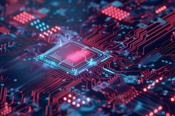 Poster - Closeup of a futuristic motherboard with illuminated cpu and electronic circuitry