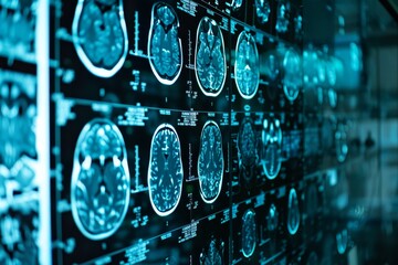 Poster - A room filled with a vast array of MRI images for medical analysis, AI algorithms analyzing medical imaging scans to assist with decision-making in the operating room
