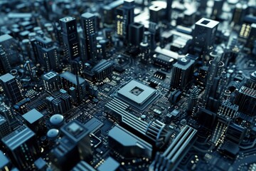 Poster - A futuristic digital rendering of a sleek, innovative building design, showcasing the future of architecture in the digital age, Motherboard design as digital circuit city, AI generated