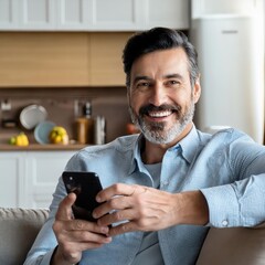 smiling happy mature middle aged man holding cell mobile phone using smartphone sitting on sofa , ge