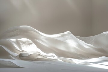 Sticker - A white sheet neatly arranged on a bed, showcasing light and shadow interplay, An abstract exploration of light and shadow on a pristine white surface