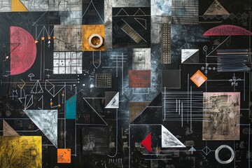 Poster - a dynamic painting featuring a multitude of different shapes and colors on a blackboard, an abstract