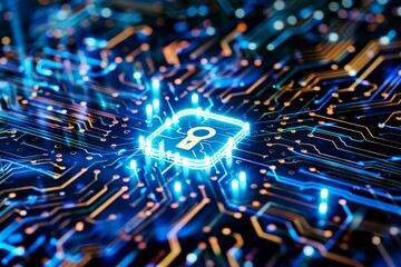 Poster - Digital illustration of a shining padlock symbol on an intricate electronic circuit, representing data protection