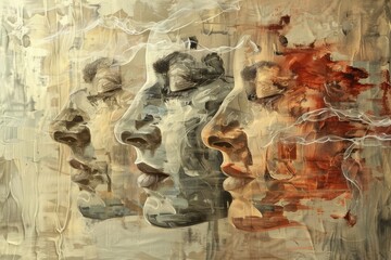 Poster - a painting featuring three abstract faces with varying colors, an abstract interpretation of a face 