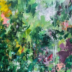 Poster - an abstract painting featuring green and pink flowers in a garden setting, an abstract interpretatio