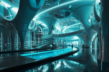 Poster - Modern computer graphics illuminate futuristic abstract architecture, A futuristic digital rendering of a sleek, innovative building design, AI generated