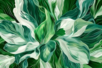 Poster - a painting featuring a green and white abstract interpretation of a flower, an abstract interpretati