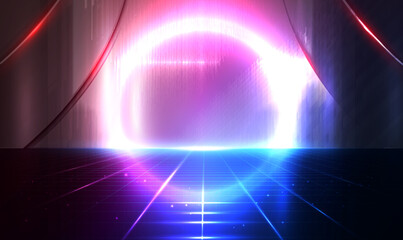 Poster - Circle Portal and hologram science futuristic on Sci fi space station corridor background. Sci-fi digital hi-tech stage in glowing HUD projector. Magic portal or teleport hologram. Science Tech Vector