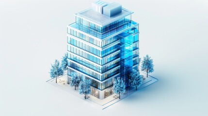 Wall Mural - Corporate building, surrounded by the city, icon design, blue and white, frosted glass, transparent technology sense, isometric, centered composition, white background, studio lighting, 3D, C4D, blend