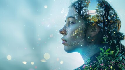 Poster - Double exposure of young woman and nature background, Business woman with The World of Futuristic internet communication concept, generative ai