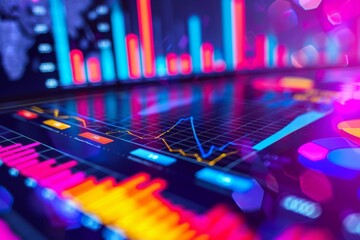 Poster - A close up view of a computer keyboard with colorful lights shining on the keys, An abstract representation of financial data in vibrant colors